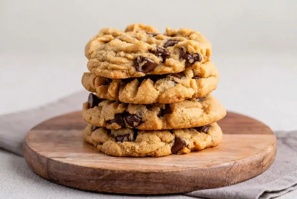 Baked peanut butter chocolate chip cookies with melted chocolate pockets and lightly golden edges.
