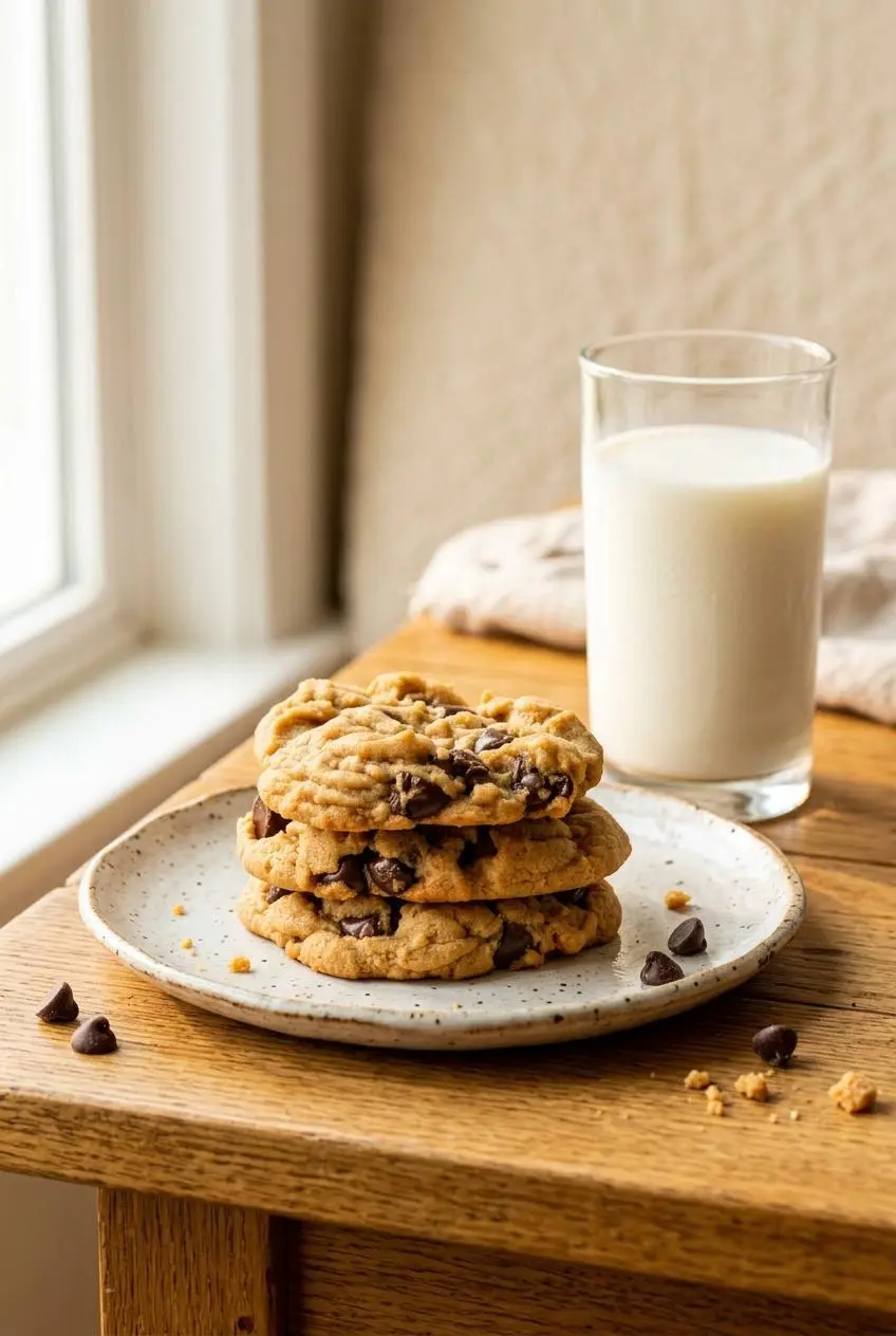 Stack of peanut butter chocolate chip cookies on a ceramic plate next to a glass of cold milk.