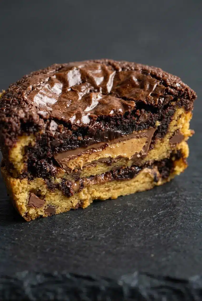 Sliced peanut butter cup stuffed brookie showing layers of chocolate chip cookie, candy center, and fudgy brownie.