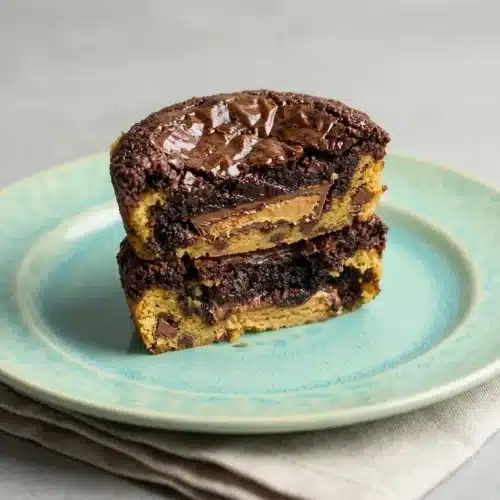 Peanut butter cup stuffed brookies baked in a muffin tin with crinkly brownie tops and chewy cookie edges.
