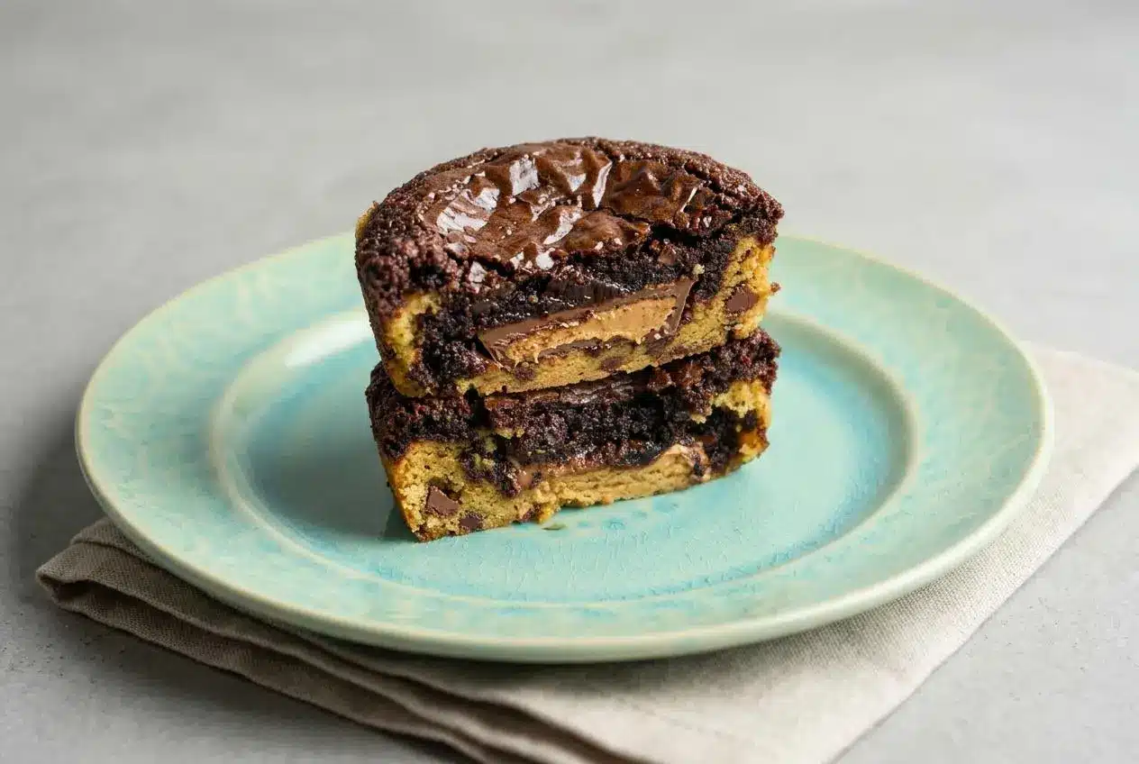 Peanut butter cup stuffed brookies baked in a muffin tin with crinkly brownie tops and chewy cookie edges.