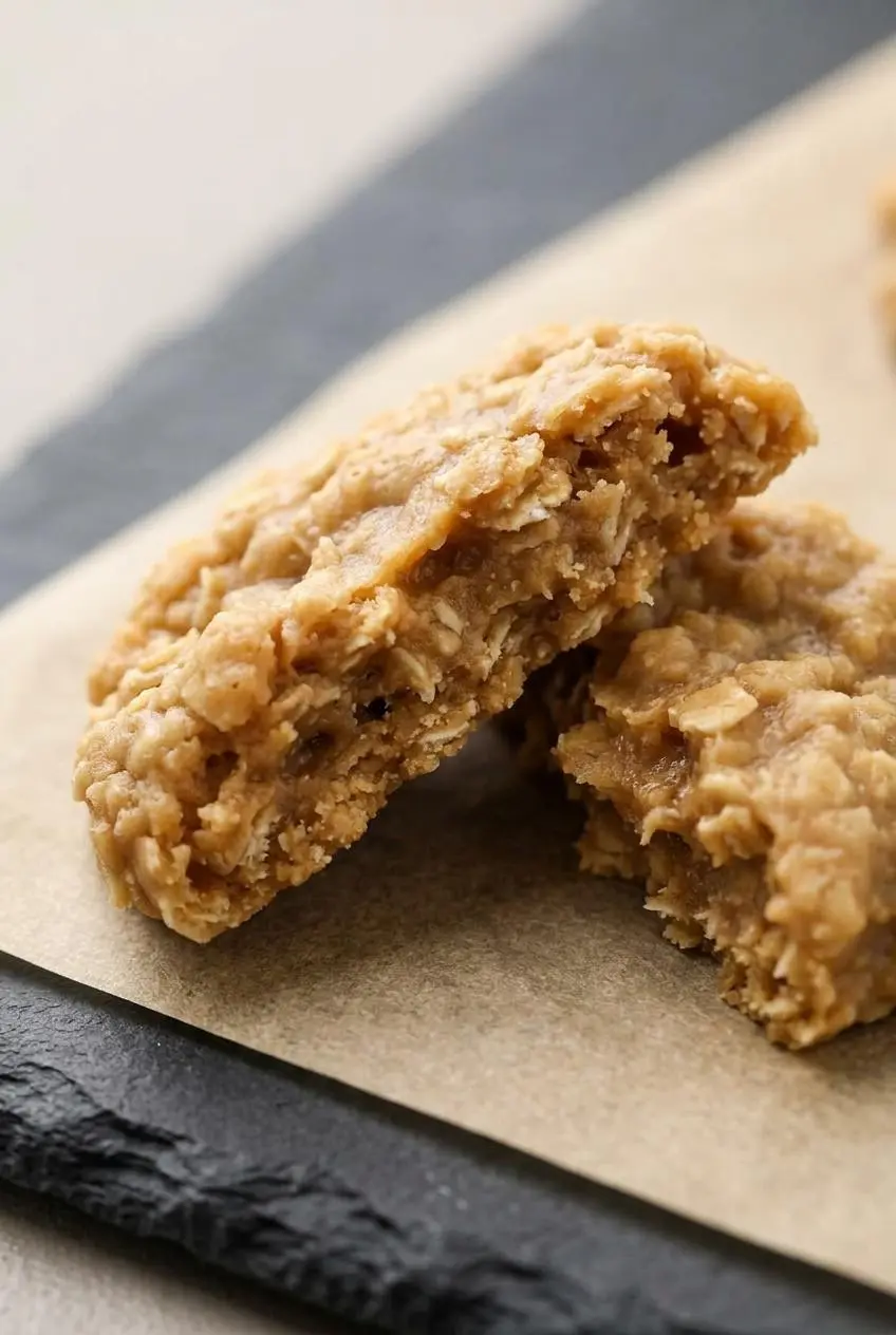 Broken peanut butter no bake cookie showing a dense, chewy oat center and fudgy glaze.