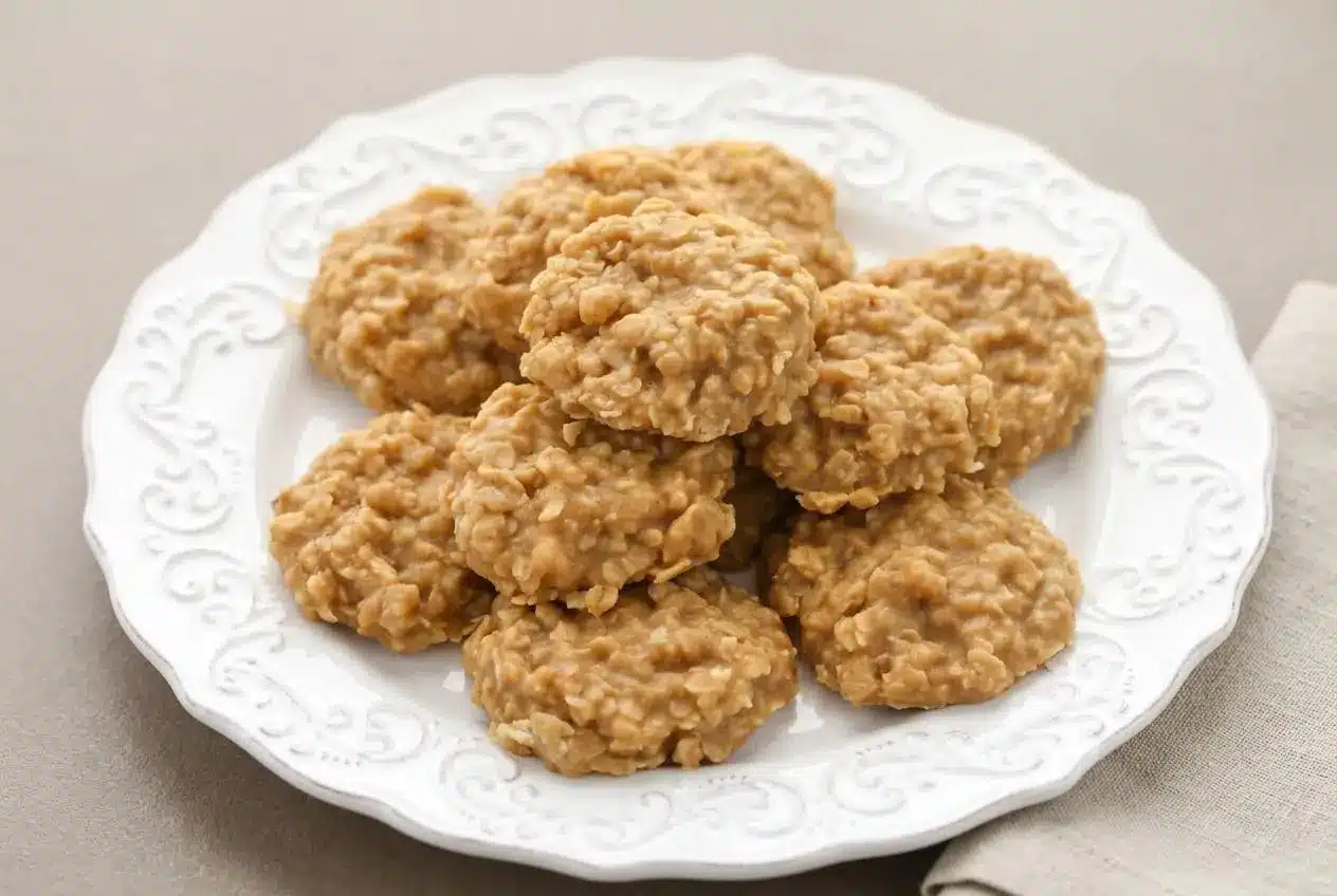 Peanut butter no bake cookies with a fudgy chewy texture and matte set finish on parchment paper.