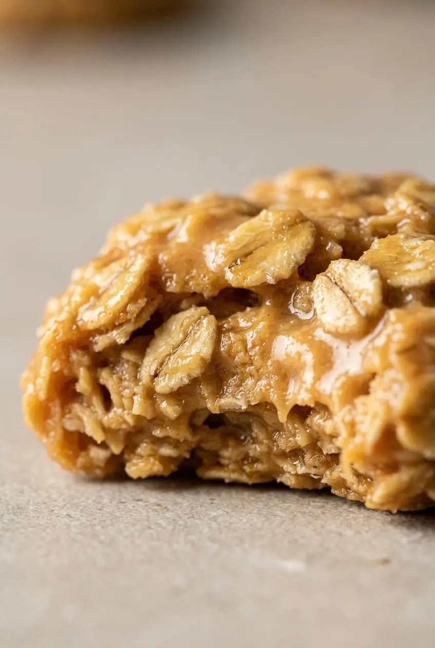Close-up of a broken peanut butter oat cookie showing a chewy, moist interior bound by rich sugar glaze.