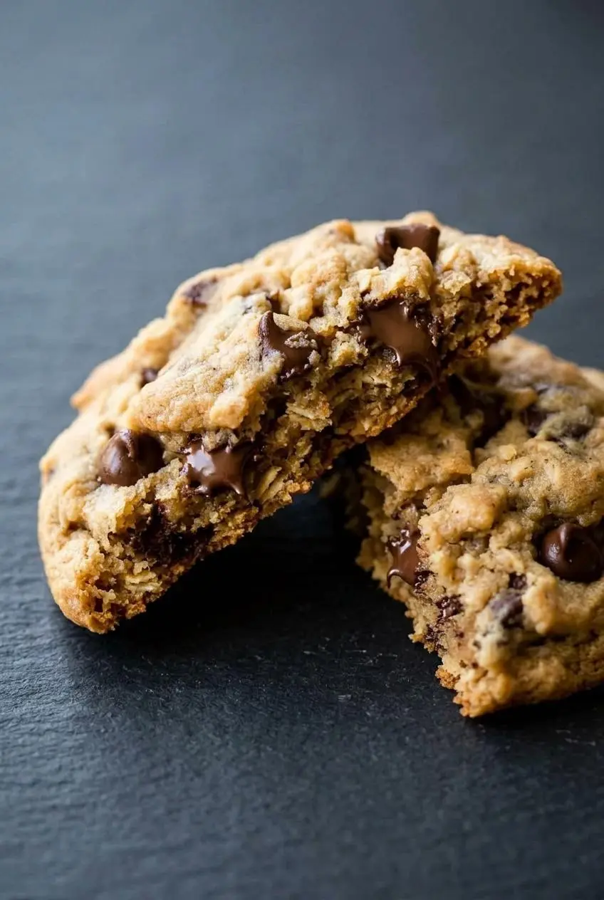 Close-up of a broken peanut butter oatmeal cookie showing a moist, chewy center and melted chocolate.