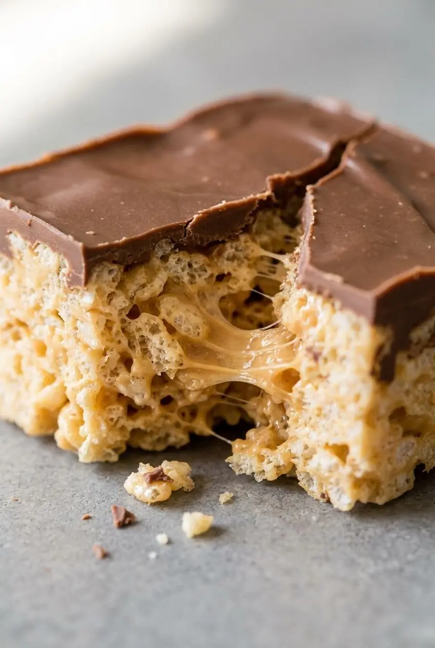 Tender broken peanut butter rice krispie treat displaying gooey marshmallow webbing and airy crisp cereal.
