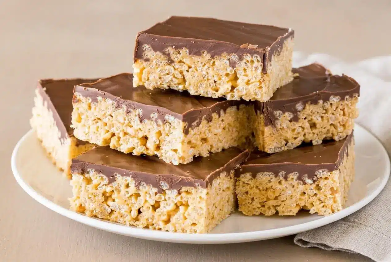 Peanut butter rice krispie treats topped with a smooth, glossy chocolate layer.