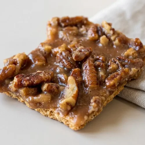Crisp pecan pie bark shards topped with golden brown sugar toffee and toasted chopped pecans.