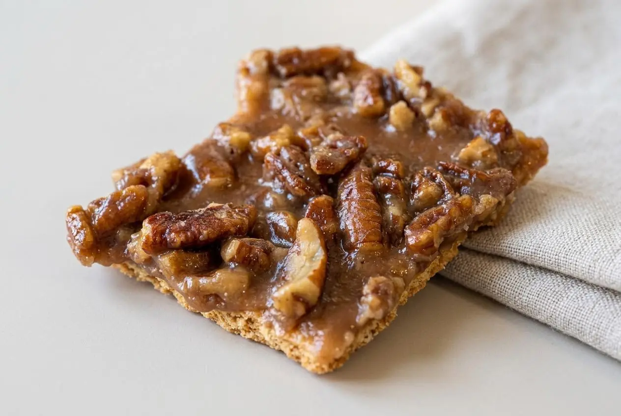 Crisp pecan pie bark shards topped with golden brown sugar toffee and toasted chopped pecans.