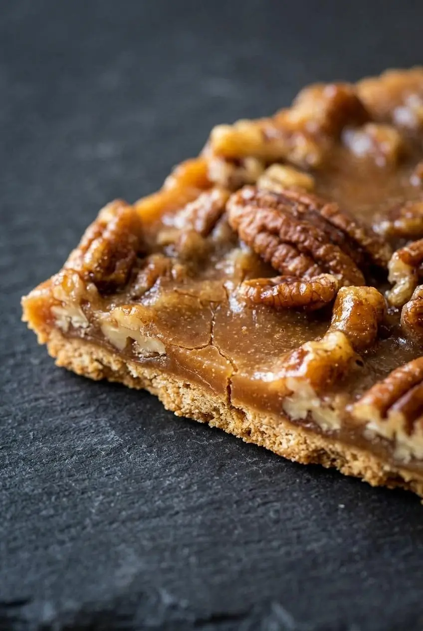Cross-section of broken pecan pie bark showing the smooth caramelized toffee layer and crisp cracker base.