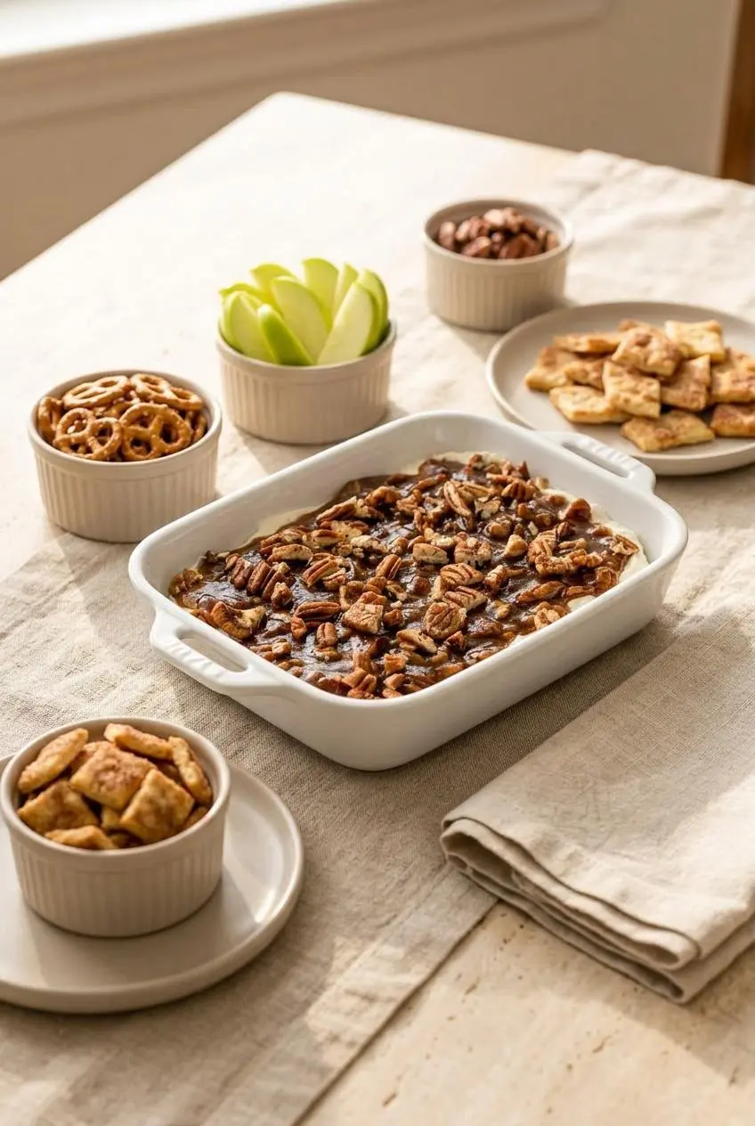 Pecan pie dip surrounded by bowls of Granny Smith apple slices, pretzel crisps, and pie crust dippers.