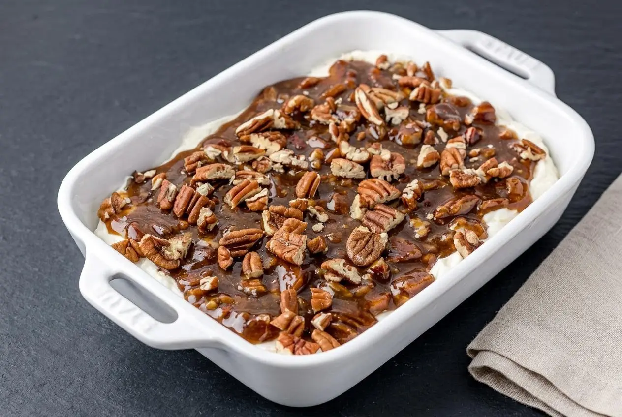 Pecan pie dip layered with fluffy whipped cream cheese and glossy brown sugar pecans.