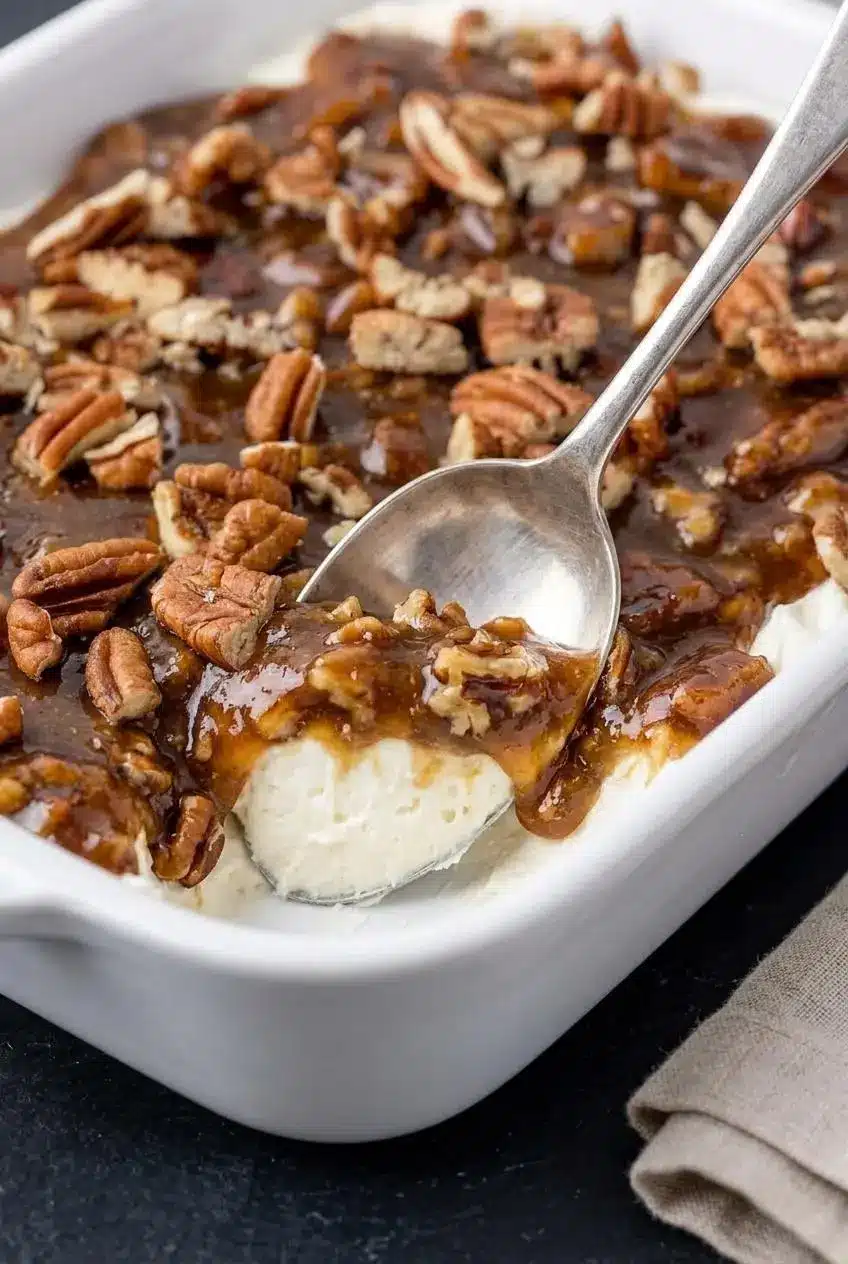 Spoon scooping smooth cream cheese base under a gooey brown sugar pecan pie dip glaze.