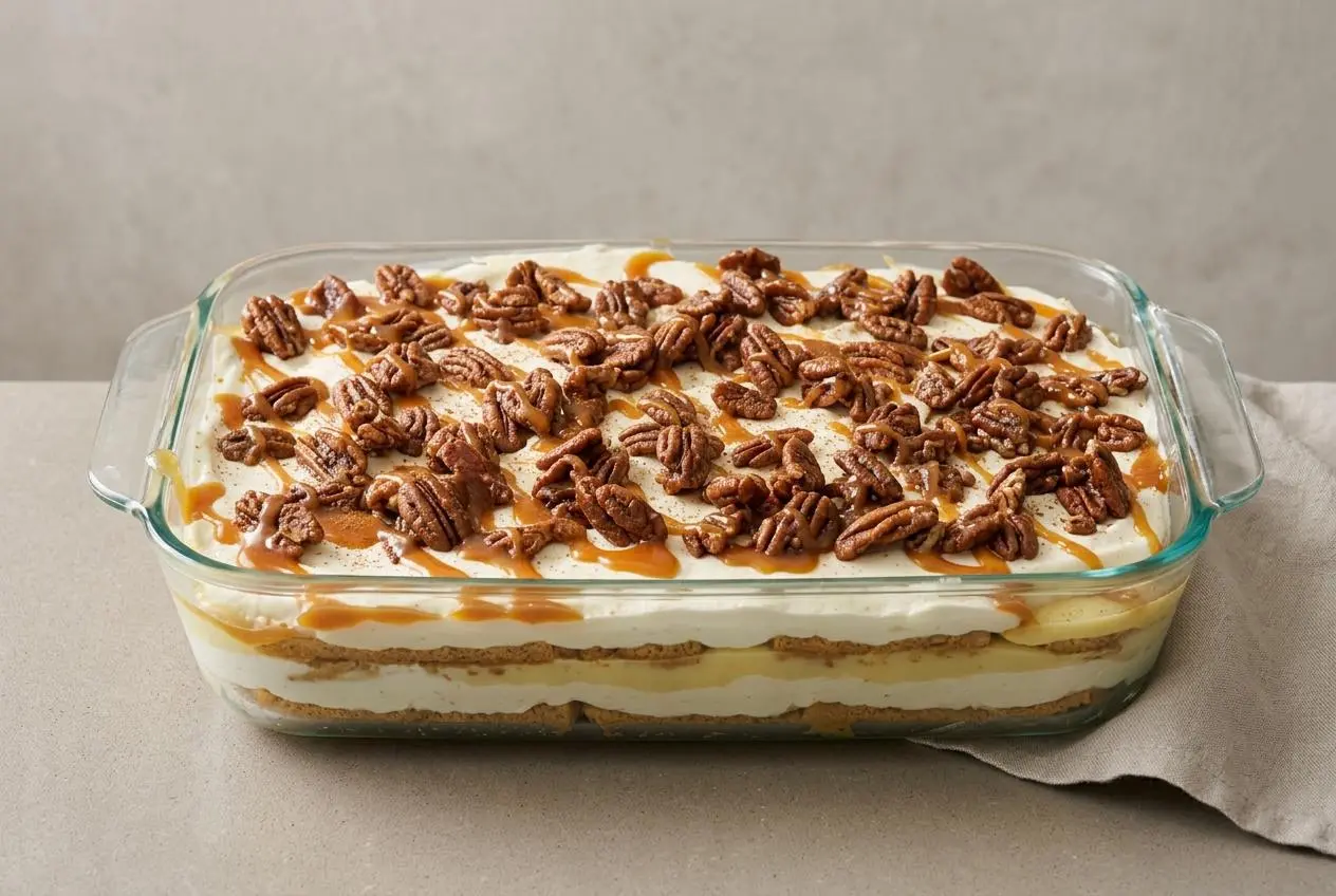 Pecan pie lasagna layered with pudding, cream cheese, and glossy caramel pecans.