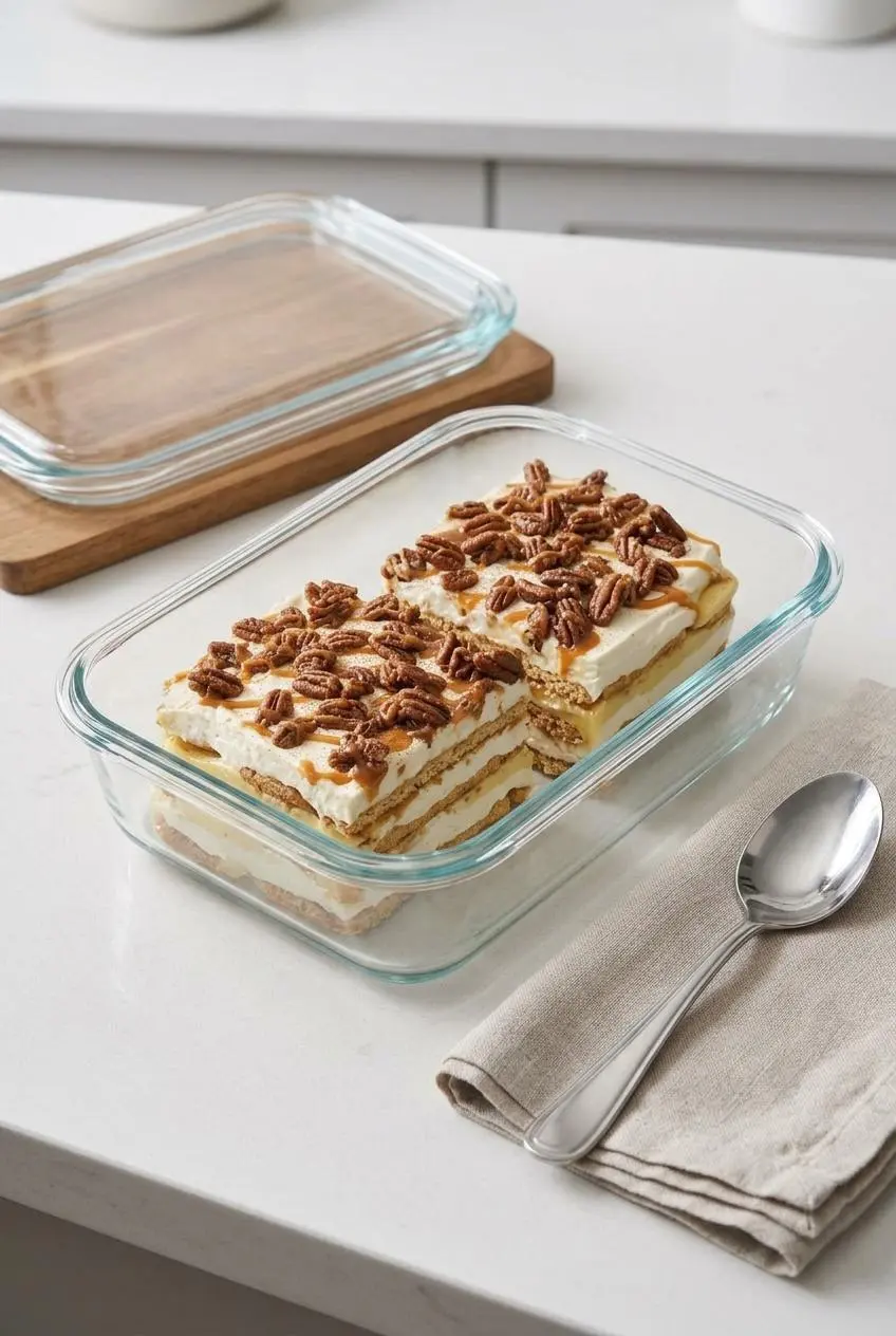 Chilled squares of pecan pie lasagna packed in a glass food storage container.