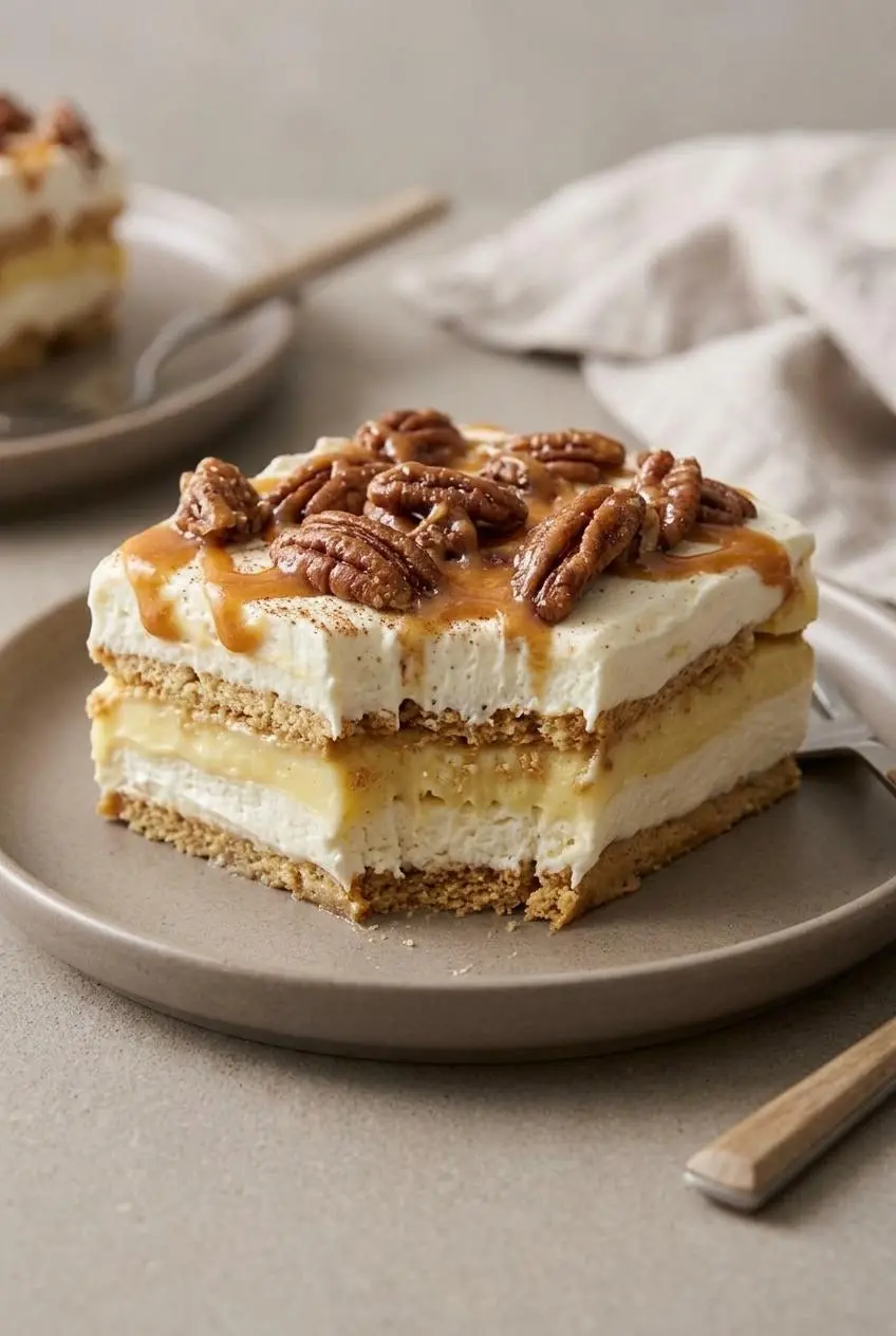 Close-up slice of pecan pie lasagna showing firm cream cheese layers and toasted pecans.