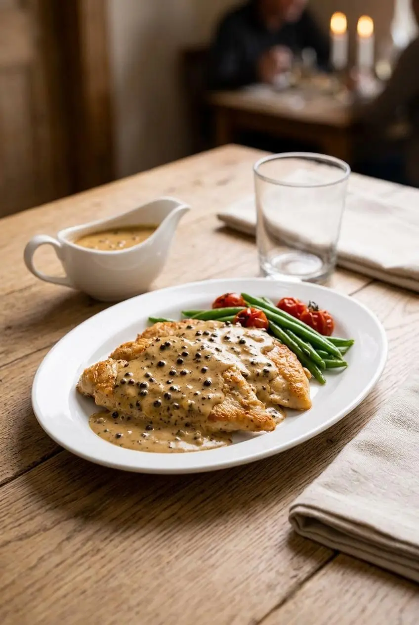 Sliced pan-seared chicken breast drizzled with warm peppercorn sauce alongside green beans on a dinner plate.