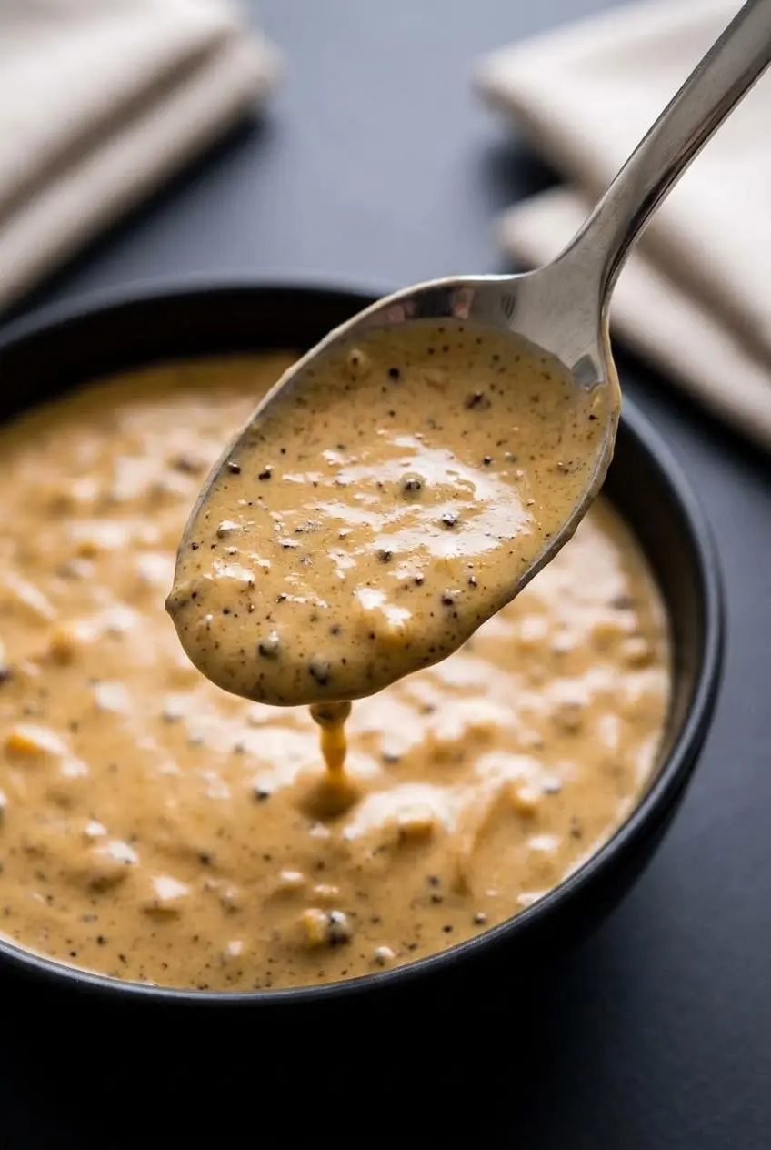 Spoon coated in velvety peppercorn sauce showing perfect nappe consistency with flecks of cracked pepper.