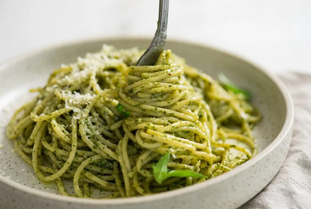 Pesto pasta recipe served in a ceramic bowl with a silky, vibrant green basil sauce and grated Parmesan.