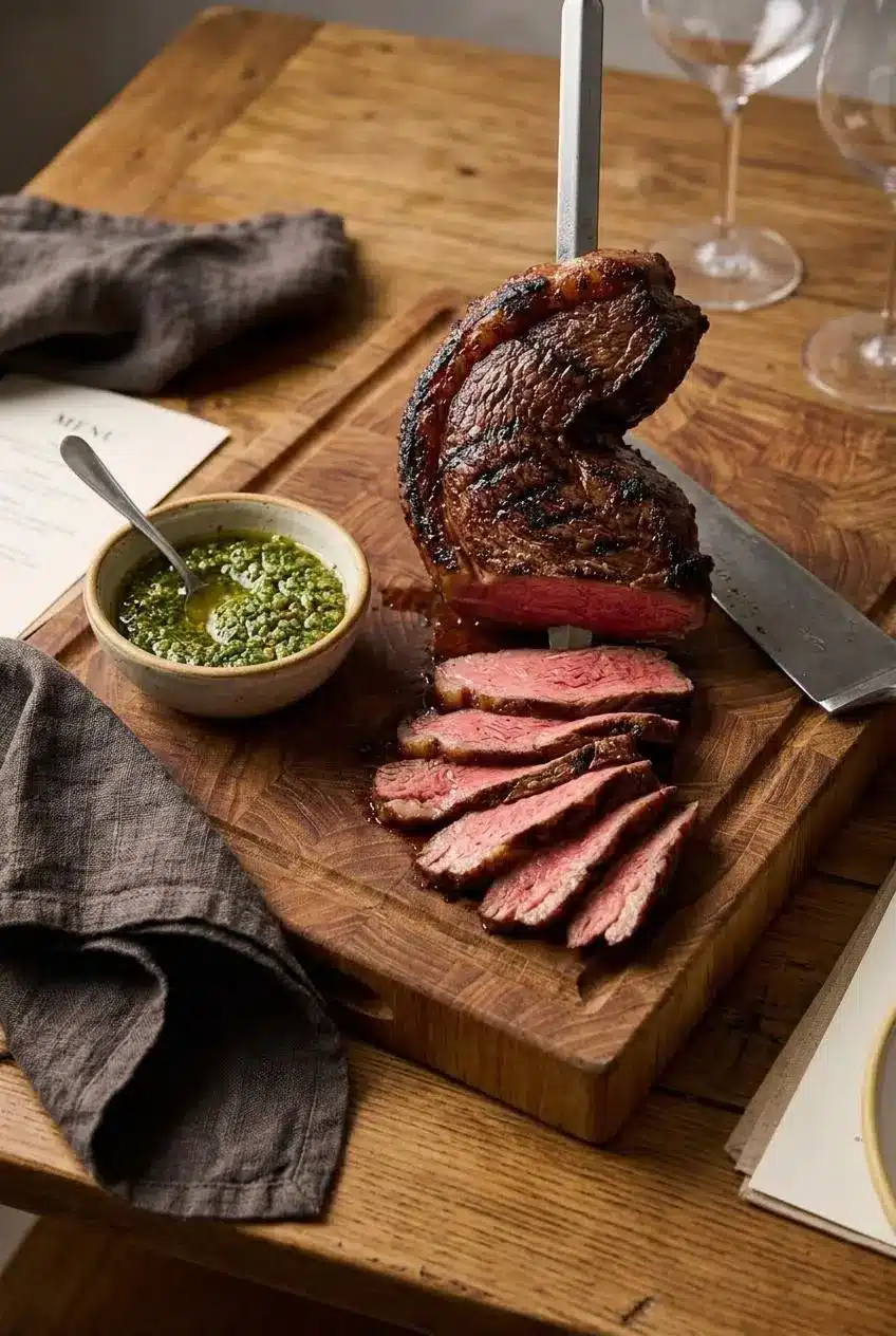 Carved slices of medium-rare picanha steak on a wooden board served alongside fresh green chimichurri.