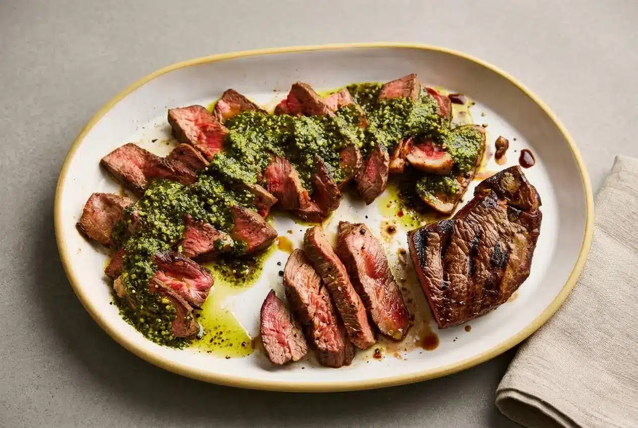 Grilled picanha steak skewered into C-shapes showing a crisp rendered fat cap and juicy pink center.