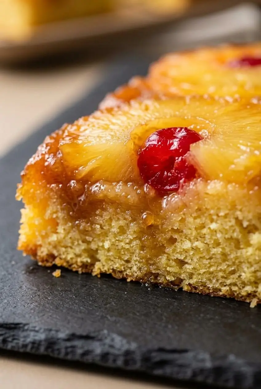 Cross section of pineapple upside down cake showing the tender crumb under caramelized fruit and cherry.