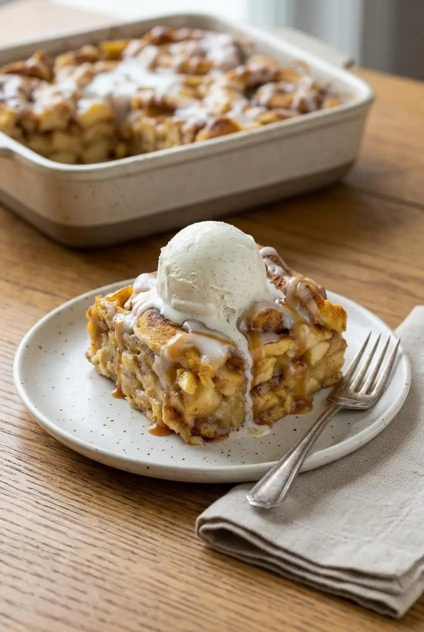 Plated square of caramel apple cinnamon roll lasagna served with a scoop of melting vanilla bean ice cream.
