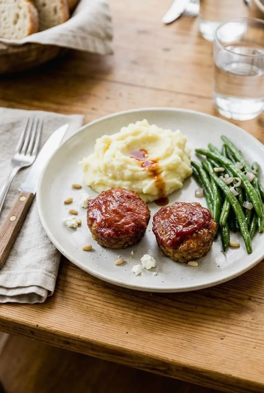 Two glazed mini meatloaves plated with creamy garlic mashed potatoes and tender green beans for dinner.