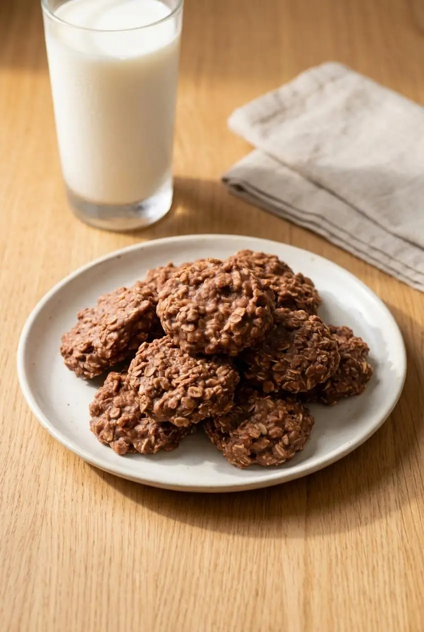 Stack of chocolate peanut butter no-bake cookies on a ceramic plate beside a glass of milk.