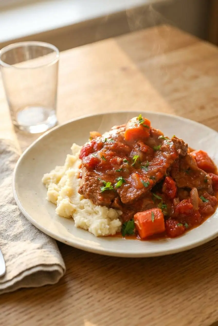 Swiss steak served over creamy garlic mashed potatoes and topped with rich tomato pan gravy.