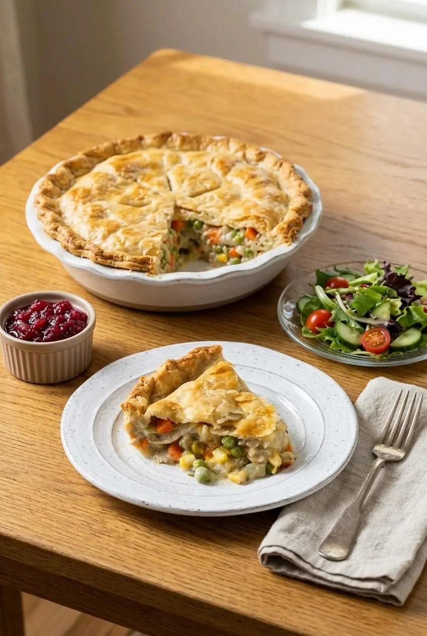 Slice of turkey pot pie on a dinner plate served alongside crisp green salad and cranberry relish.
