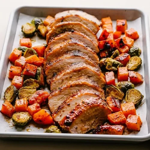 Tender glazed slices from this juicy pork loin roast recipe with roasted squash and Brussels sprouts.
