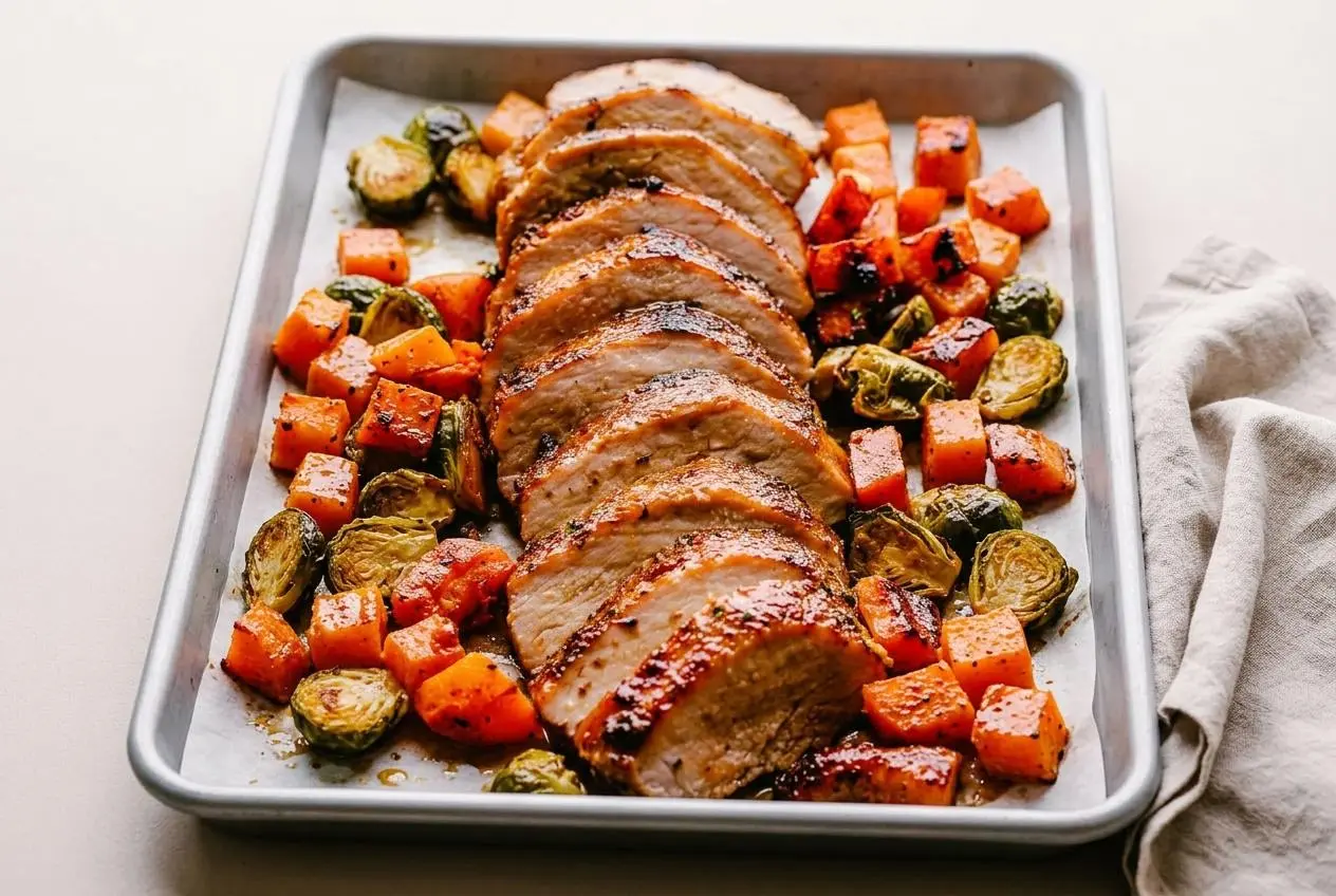 Tender glazed slices from this juicy pork loin roast recipe with roasted squash and Brussels sprouts.