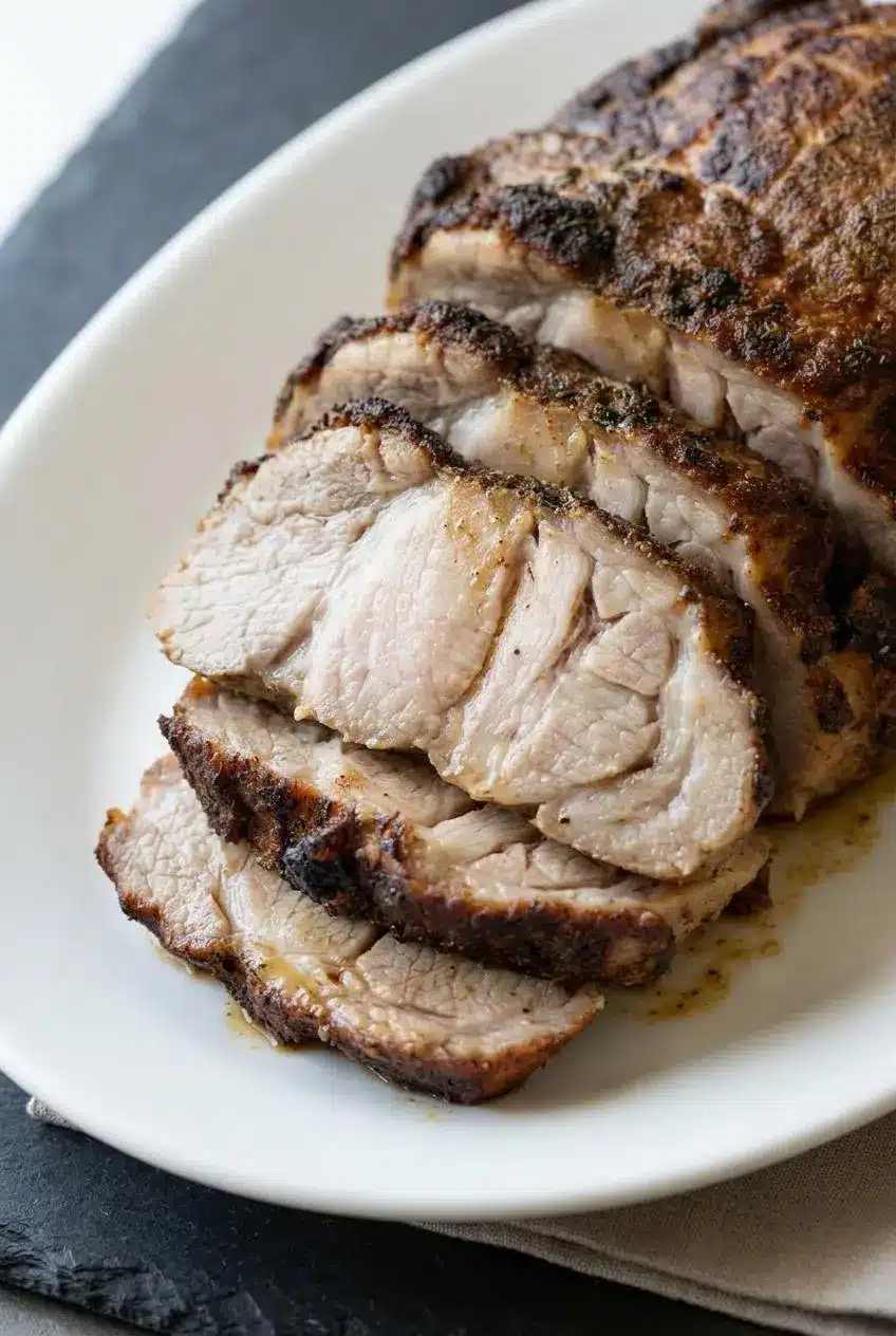Juicy sliced roast pork shoulder showing a delicate pale pink center and savory herb crust.
