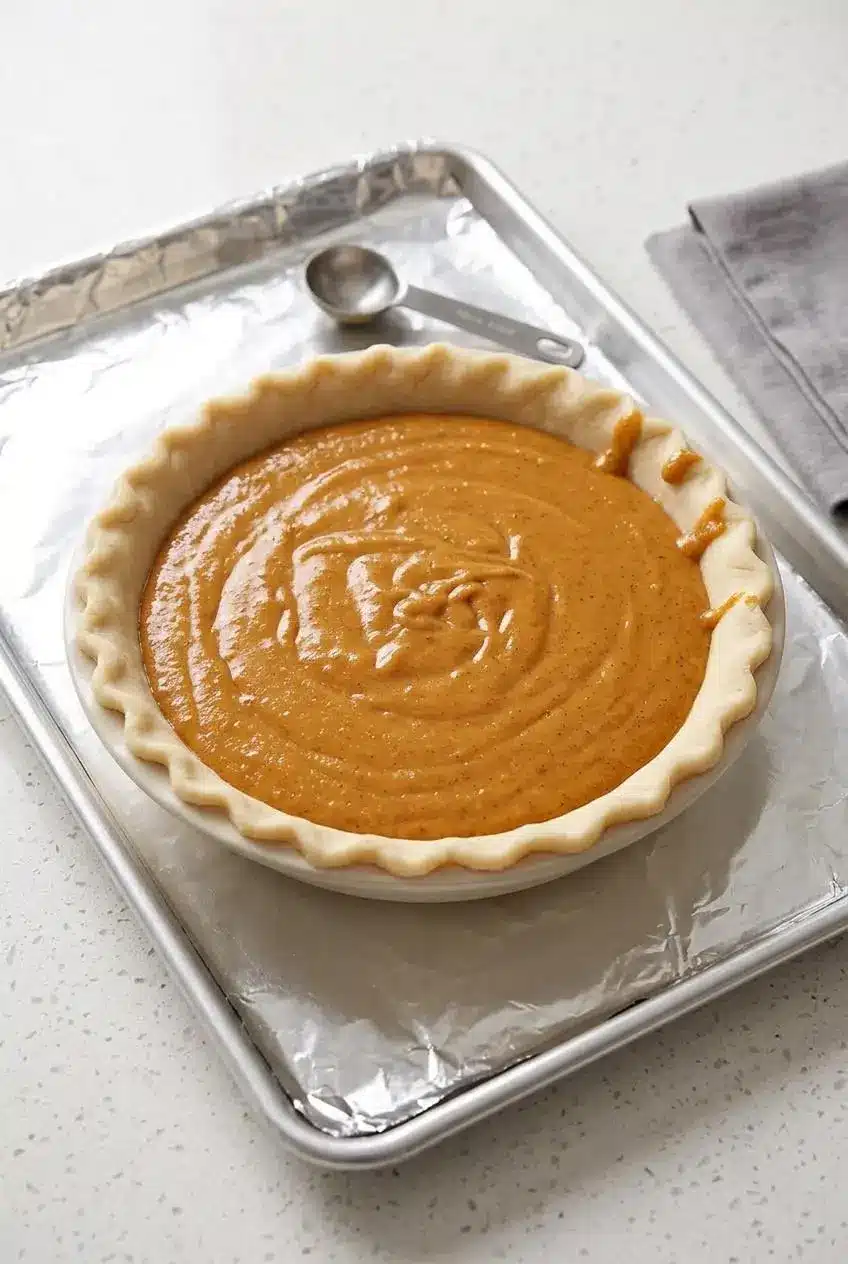 Smooth spiced sweet potato pie filling poured into an unbaked deep-dish crust on a rimmed baking sheet.