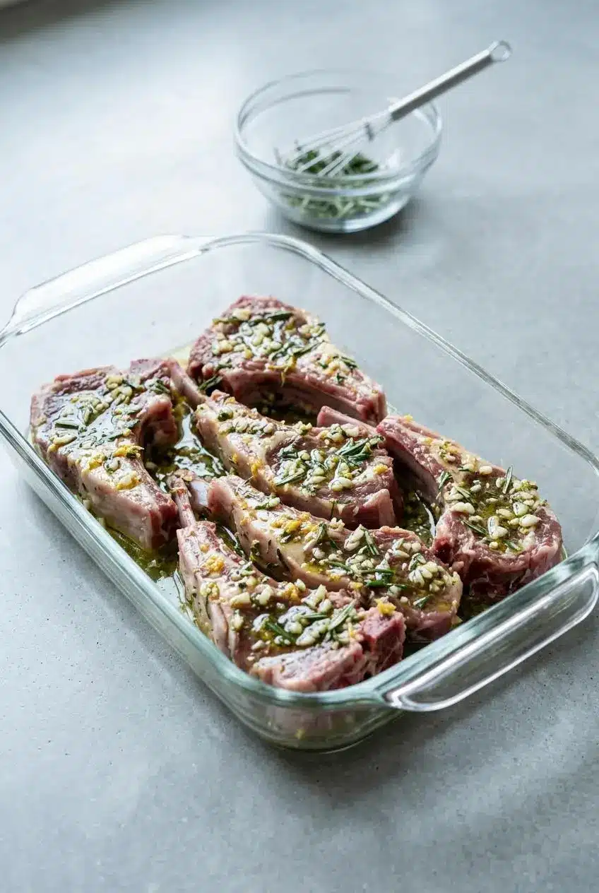 Raw lamb chops coated evenly with garlic, rosemary, and oil marinade in a glass baking dish.