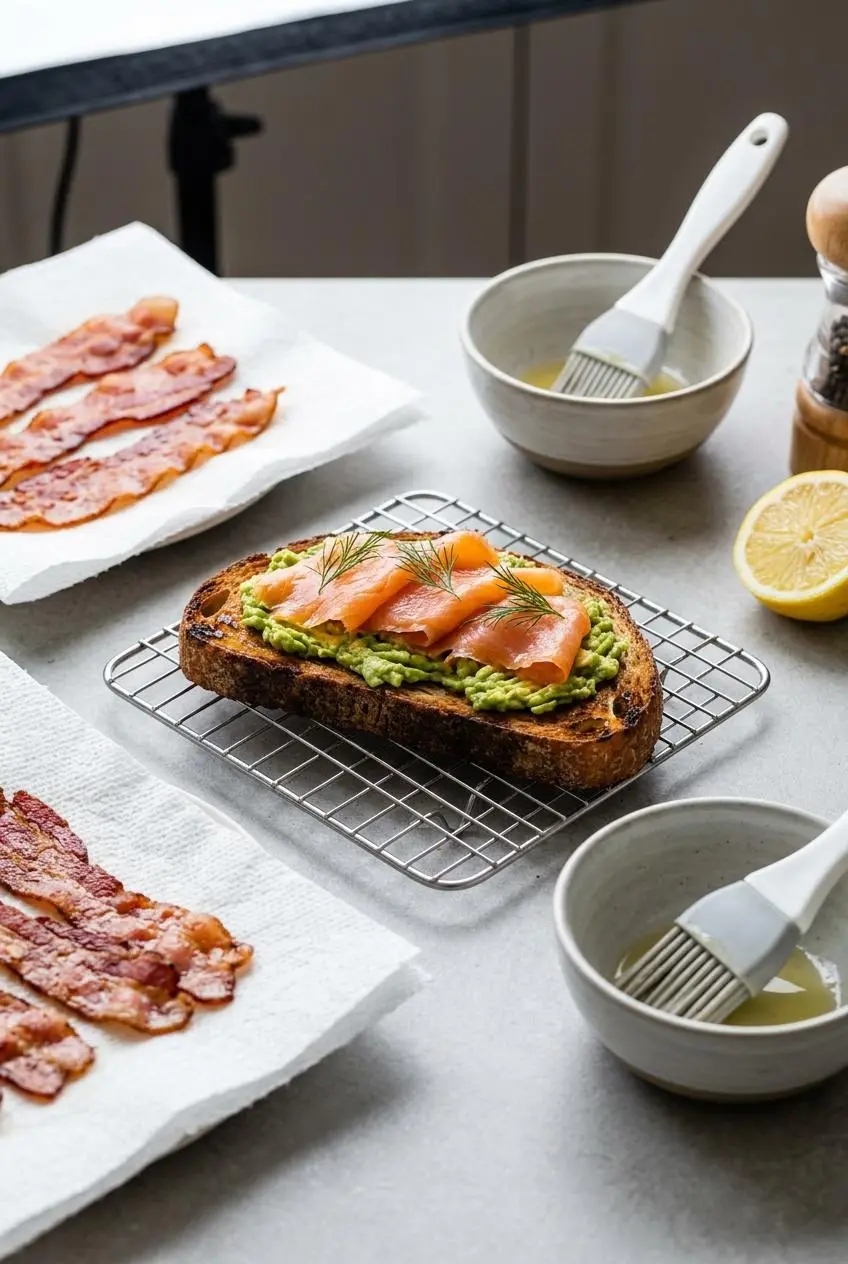 Golden toasted sourdough cooling on a wire rack next to a small bowl of mashed avocado and fresh lemon.
