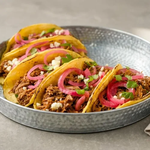 Juicy pulled pork tacos garnished with pickled red onions, cotija cheese, and fresh cilantro.