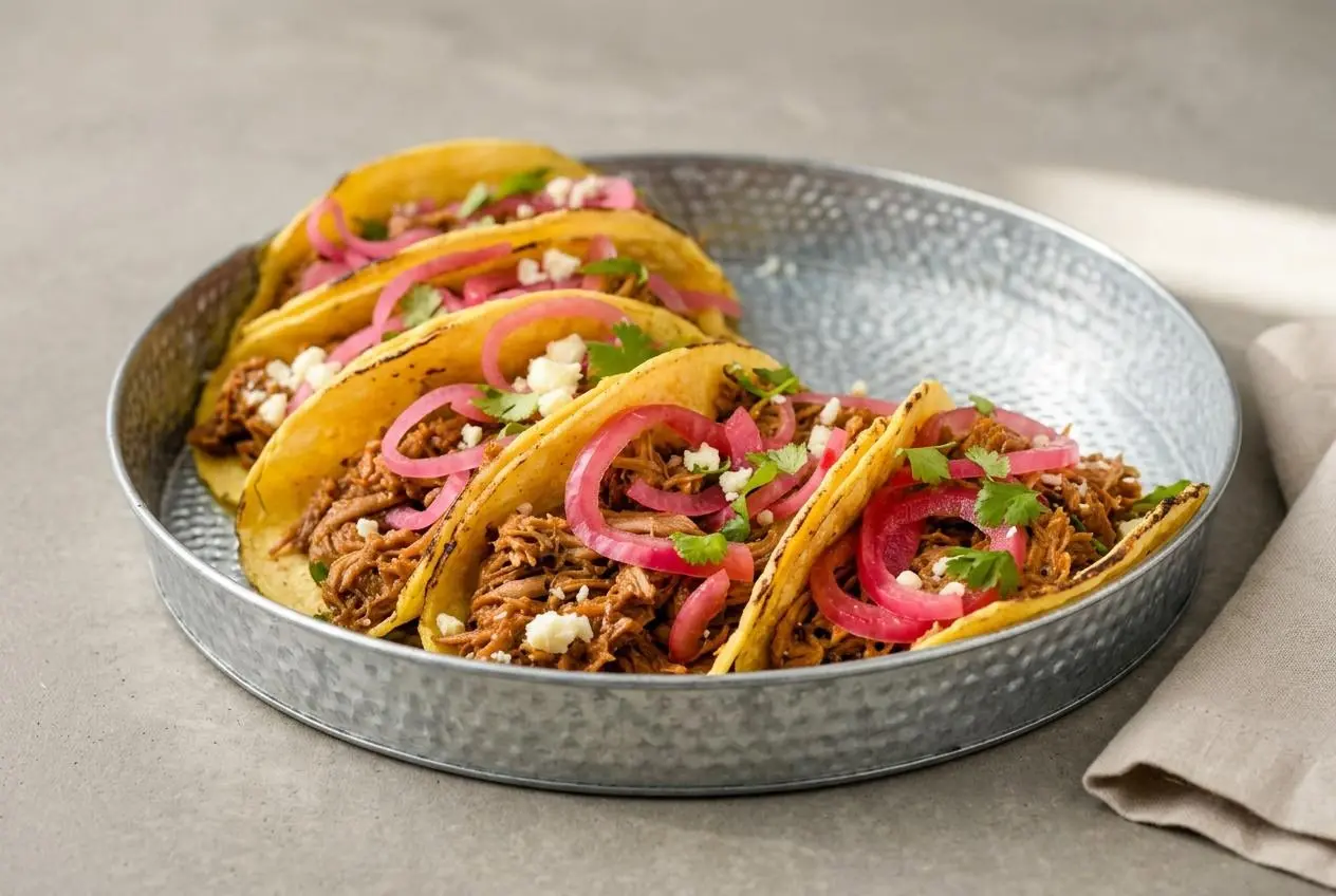 Juicy pulled pork tacos garnished with pickled red onions, cotija cheese, and fresh cilantro.