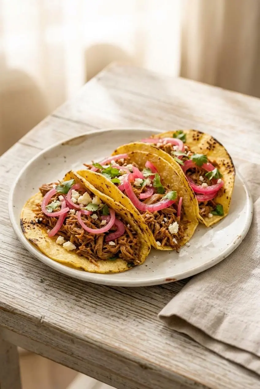 Three pulled pork tacos on blistered corn tortillas topped with pink pickled onions and cotija cheese.