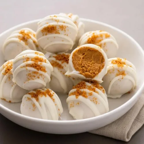 Chilled pumpkin cheesecake balls coated in a crisp white vanilla shell with speculoos crumbs.
