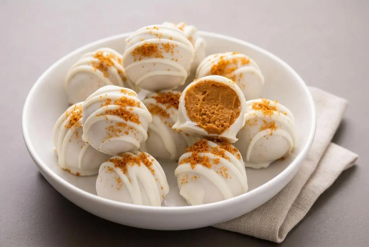 Chilled pumpkin cheesecake balls coated in a crisp white vanilla shell with speculoos crumbs.
