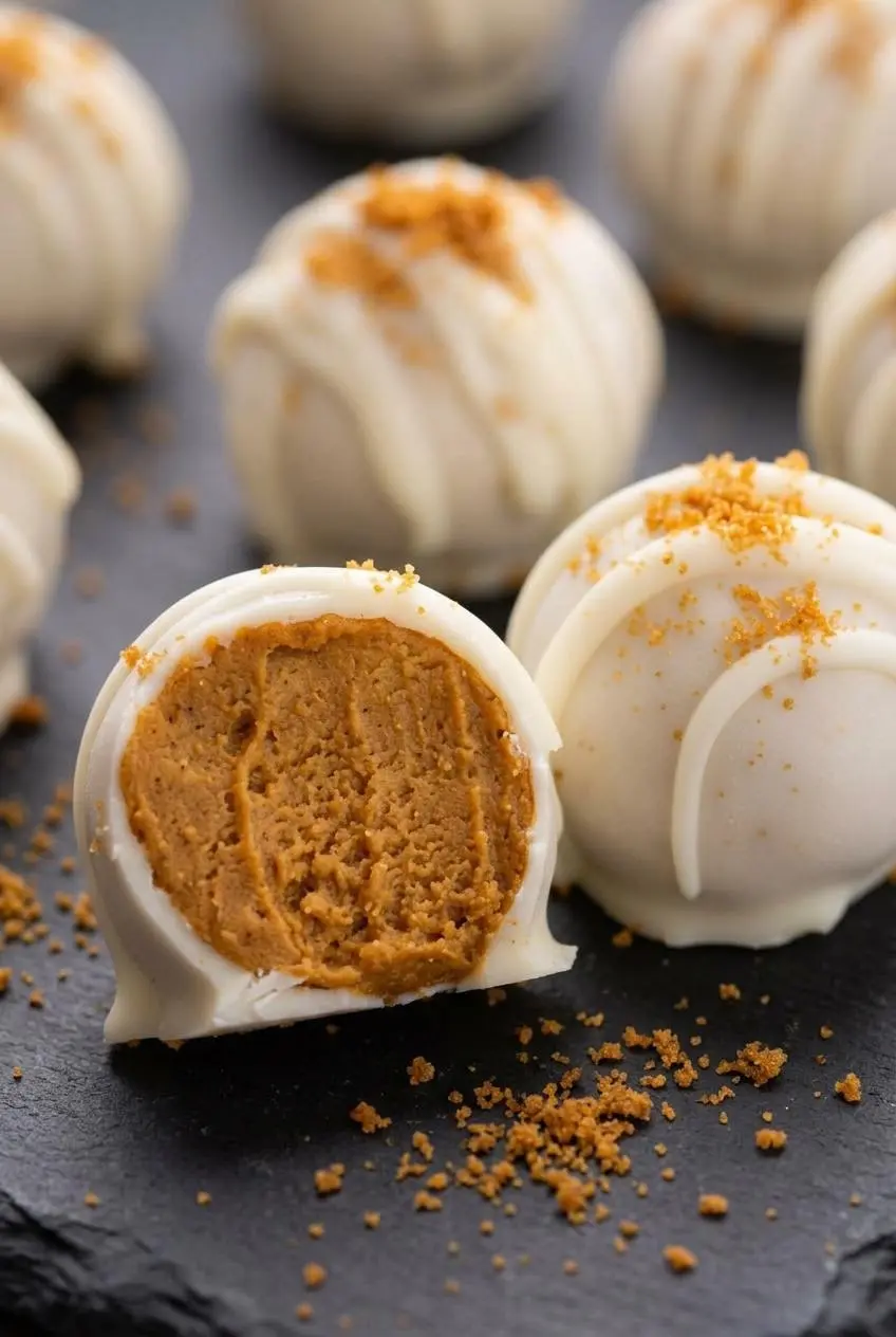 Sliced pumpkin cheesecake ball showing the velvety spiced cream cheese and cookie crumb interior.
