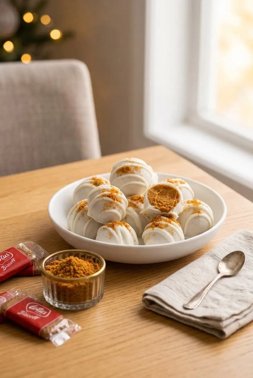 Pumpkin cheesecake balls drizzled with white vanilla coating on a ceramic serving platter.