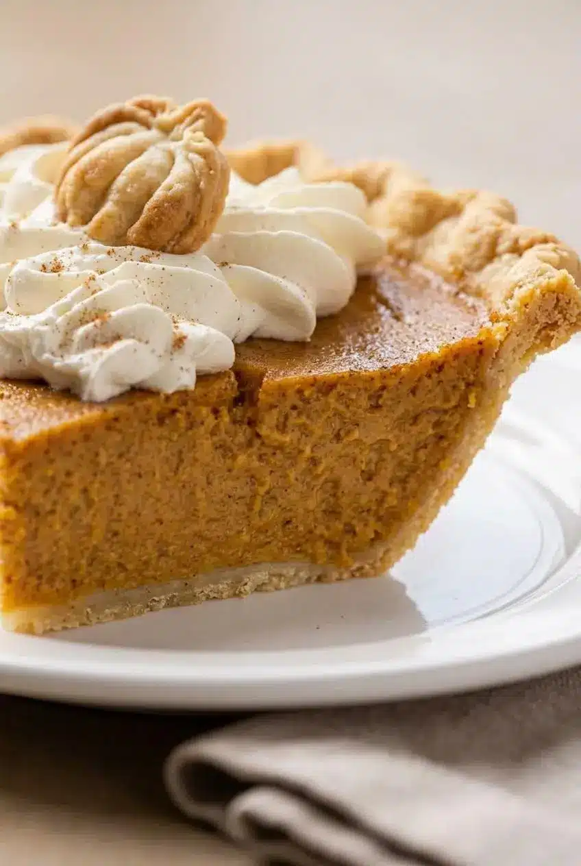 Close-up macro of a glossy, crack-free pumpkin pie custard surface with golden fluted crust.