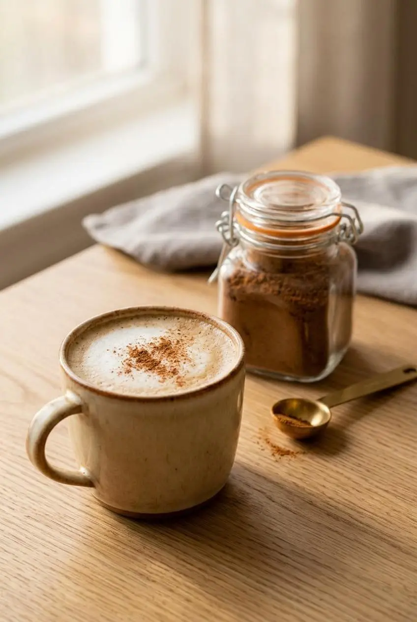 Frothed autumn latte dusted with pumpkin spice next to a small spice jar and brass spoon on a wooden table.