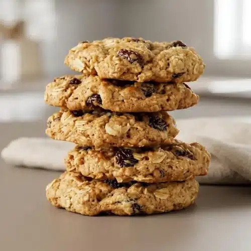 Freshly baked Quaker Oatmeal Cookies with golden edges and soft, chewy centers filled with raisins.