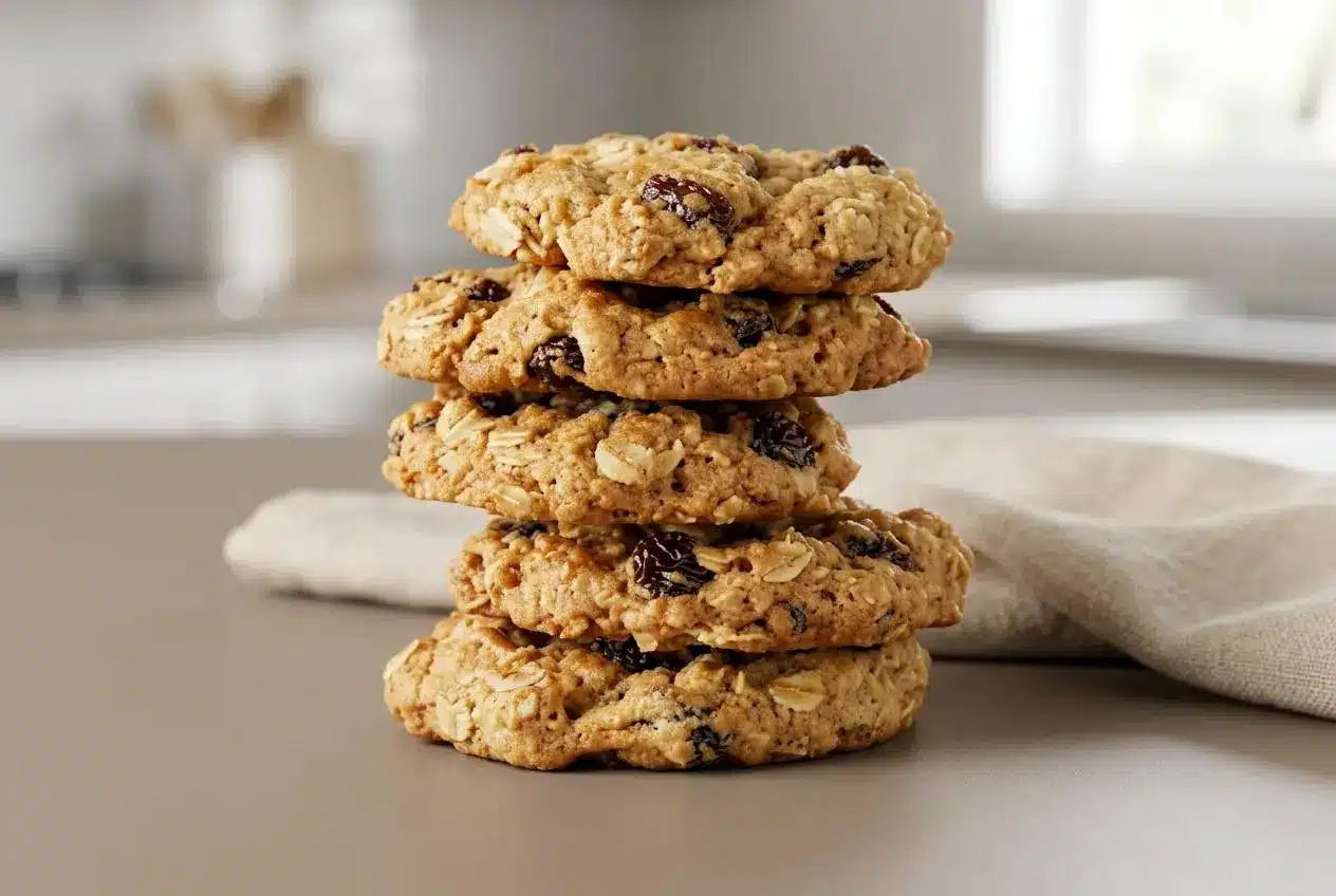 Freshly baked Quaker Oatmeal Cookies with golden edges and soft, chewy centers filled with raisins.