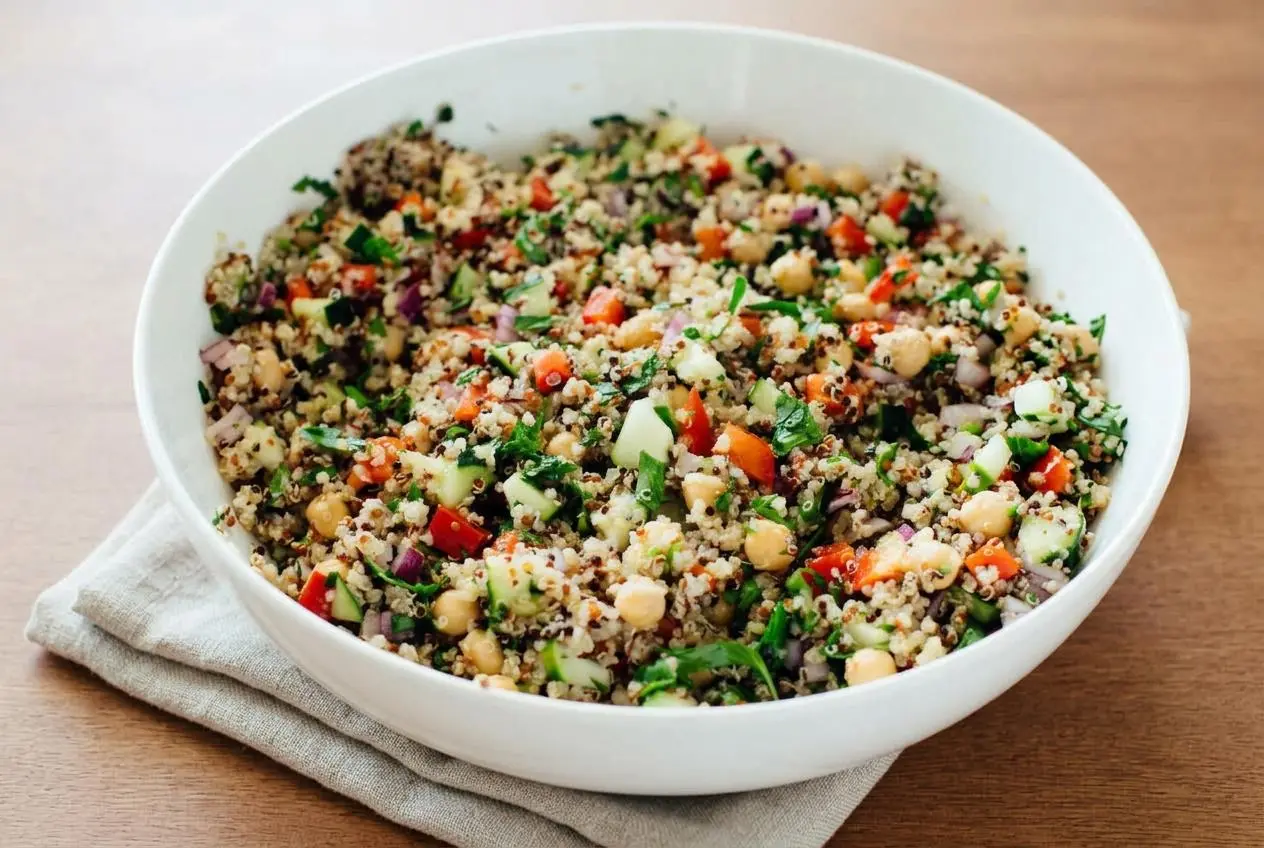 Quinoa salad recipe in a ceramic bowl with crisp vegetables, chickpeas, and a bright glossy lemon dressing.