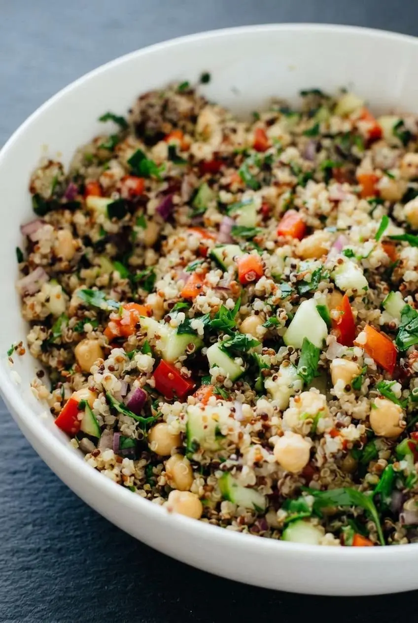 Macro view of cooked quinoa grains with visible germ rings, diced red bell pepper, cucumber, and parsley.